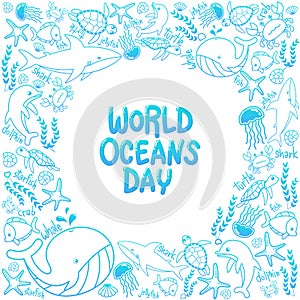 World Oceans Day. outline vector of marine life in the ocean with doodle style for celebration dedicated to help protect photo