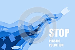 World oceans day ,stop ocean plastic pollution with  paper art style, sea animals  underwater,animal and environment protection