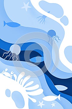 World oceans day ,stop ocean plastic pollution with  paper art style, sea animals  underwater,animal and environment protection