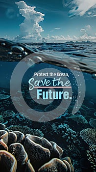 World oceans day. Text appears over the sea Protect the Ocean, Save the Future, banner, vertical poster photo