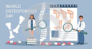 World osteoporosis day for landing page. Treatment of osteoporosis. Doctors with magnifiers show diseases of the skeletal system.