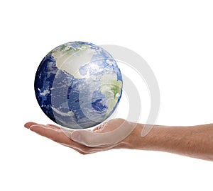 World in our hands. Man holding digital model of Earth on white background, closeup view