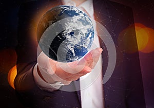 World in our hands. Woman holding digital model of Earth, closeup view