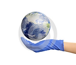 World in our hands. Woman holding digital model of Earth on white background, closeup view