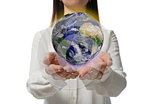 World in our hands. Woman holding digital model of Earth on white background, closeup view