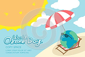 World Ozone Day 16 September horizon Banner set, Global warming concept smile earth with sunglasses, umbrella, chair, beach, sun,