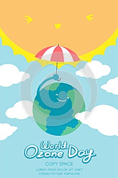 World Ozone Day 16 September vertical Banner set, Global warming concept smile earth with umbrella protection, sun, sky and cloud