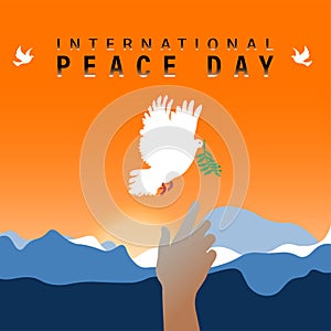 World Peace Day greeting card illustration, International social help concept. Paper origami dove of peace with olive branch