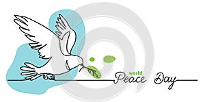 World Peace Day minimal background, web banner with white dove, pigeon and olive branch. One continuous line drawing