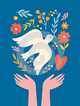 World peace poster. Dove of peace , flowers, heart, symbols of peace