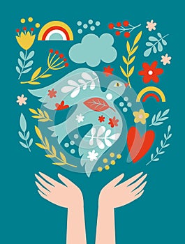 World peace poster. Dove of peace , flowers, heart, symbols of peace