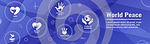 World Peace Web Header Banner with Dove Globe Hand and heart icon set