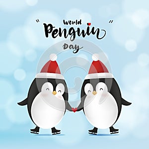 World Penguin Day, April 25, A pair of cute little penguins in love hold hands with red heart. Vector illustration animal family