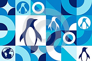 World Penguin Day. April 25. Seamless geometric pattern. Template for background, banner, card, poster. Vector EPS10