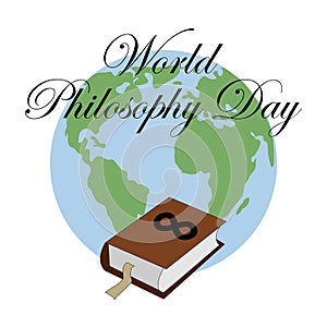 World Philosophy Day. Stack of books with open book and lettering on white background