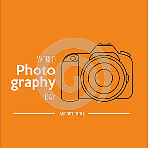World photography day banner with a dslr camera on an orange background