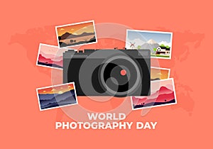 World photography day banner poster on august 19 with classic camera and photo set on pink background