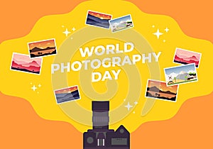 World photography day banner poster on august 19 with modern camera and photo set on orange yellow background