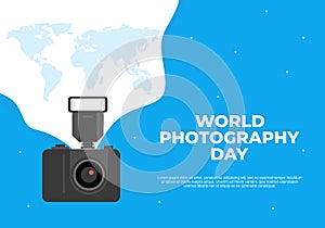 World photography day banner poster on august 19 with modern camera and world map on blue background