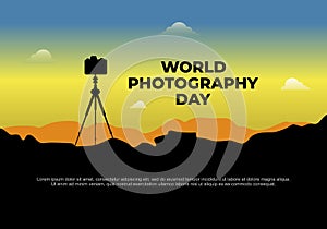 World photography day banner poster on august 19 with tripod camera on sunset background