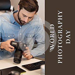 World photography day text on brown over caucasian man looking at camera back