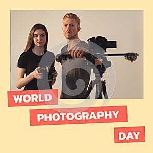 World photography day text on orange with caucasian male and female photographer in studio