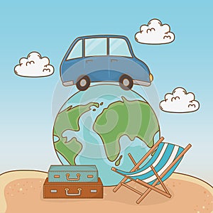 World planet with car and travel vacations items