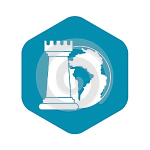 World planet and chess rook icon, simple style