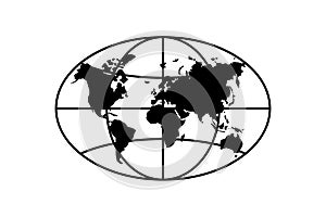 World planet map elongated circle black icon. Globe earth continents vector oval symbol