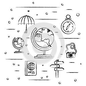 World planet with travel set icons