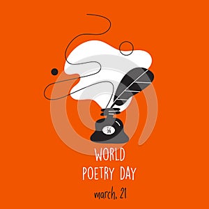 World poetry day, march 21. Vector illustration of inkwell and feather. Modern desugn,