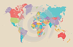 World political earth map in retro color palette, vector illustration.