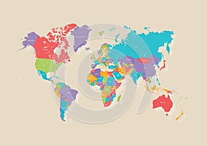 World political earth map in retro color palette, vector illustration.