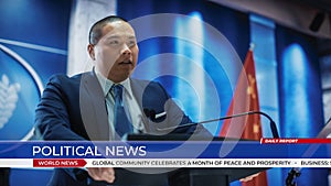 World Political News. Shot of Chinese Organization Representative Speaking at Press Conference