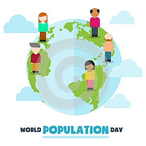World Population Day, cartoon people, friendship on Earth globe, poster, template, vector illustration