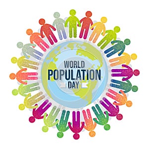World Population Day with colorful people, Earth, globe, pictogram poster, background template, vector illustration