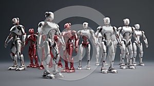 World Population Day. Group of chrome robots, gray background. AI generated.
