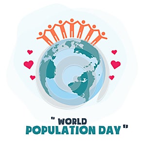 World Population Day, people friendship on Earth globe, poster, template, vector illustration