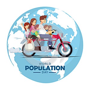 World population day, riding whole family with pet dog on a motorbike, motorcycle around the globe, vector illustration