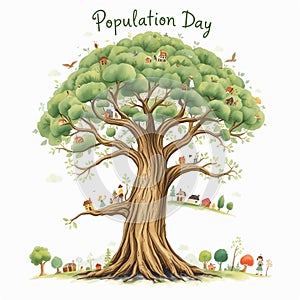 World Population Day â Whimsical Watercolor Tree of Global Unity and Cultural Diversity\