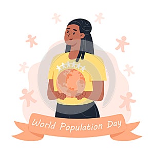 World Population Day, woman holding planet earth in her hands