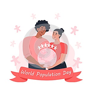 World Population Day, woman and man holding planet earth in their hands