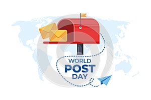 World Post Day with Flying mail paper on the world with world map background. Red post box with envelope. Vector illustration