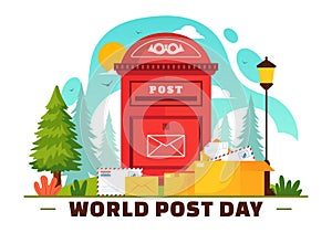 World Post Day Vector Illustration on October 9, Featuring a Red Mailbox Accepting Mail, Letters, and Parcels in a Flat Style