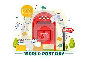 World Post Day Vector Illustration on October 9, Featuring a Red Mailbox Accepting Mail, Letters, and Parcels in a Flat Style