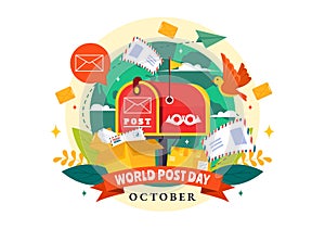 World Post Day Vector Illustration on October 9, Featuring a Red Mailbox Accepting Mail, Letters, and Parcels in a Flat Style