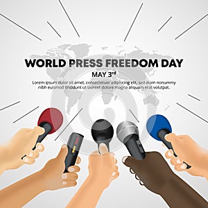 World press freedom day background with hands of reporters are holding recorder