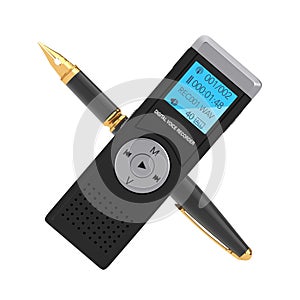 World Press Freedom Day Concept. Golden Fountain Writing Pen with Journalist Digital Voice Recorder or Dictaphone. 3d Rendering