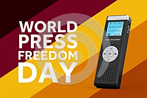 World Press Freedom Day Concept. Journalist Digital Voice Recorder or Dictaphone and Press Freedom Day Sign. 3d Rendering