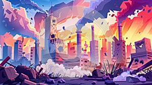 World problems cartoon banner, save the planet concept, war, destroyed city, abandoned buildings, and factory pipes with